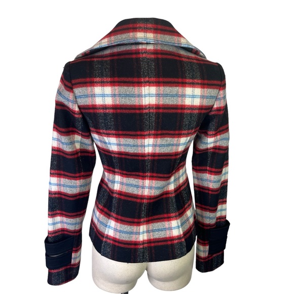 SMYTHE $800 Wool Blend Plaid Pea Coat in Red/Black Size 2 Gold Button Front - Picture 6 of 8
